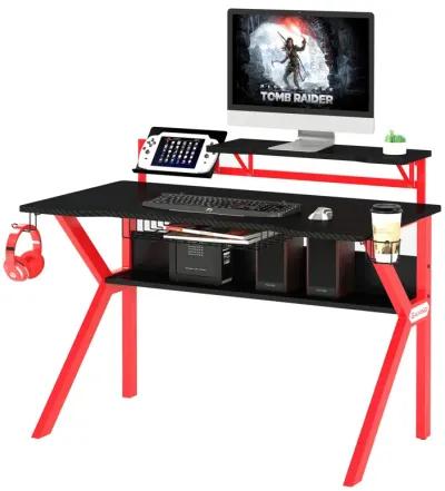 PVC Coated Ergonomic Metal Frame Gaming Desk, Black and Red-Benzara