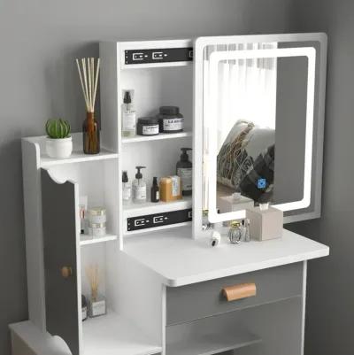 4-Drawers Wood Makeup Vanity Sets Dressing Table Sets in White with Stool, Mirror, LED Light and Storage Shelves