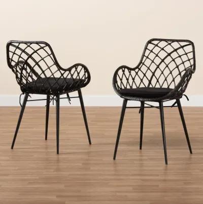 Bali & Pari Ballerina Modern Black Finished Rattan and Metal 2-Piece Dining Chair Set