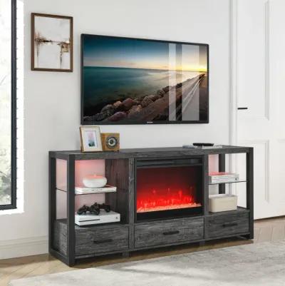 60 Inch Electric Fireplace Media TV Stand With Sync Colorful LED Lights-Dark Rustic Oak Color