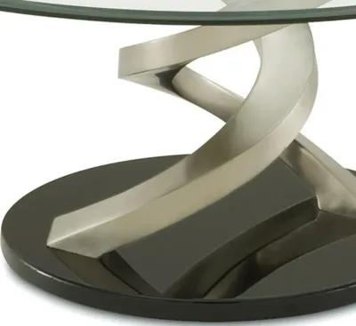 Coffee Table with Twisted Metal Base and Round Glass Top, Silver and Black-Benzara