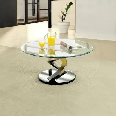 Coffee Table with Twisted Metal Base and Round Glass Top, Silver and Black-Benzara