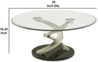 Coffee Table with Twisted Metal Base and Round Glass Top, Silver and Black-Benzara