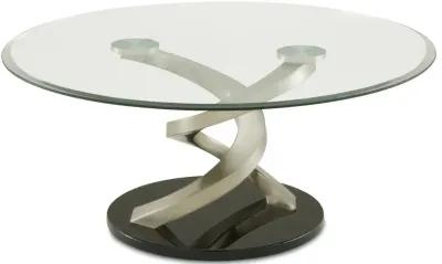 Coffee Table with Twisted Metal Base and Round Glass Top, Silver and Black-Benzara