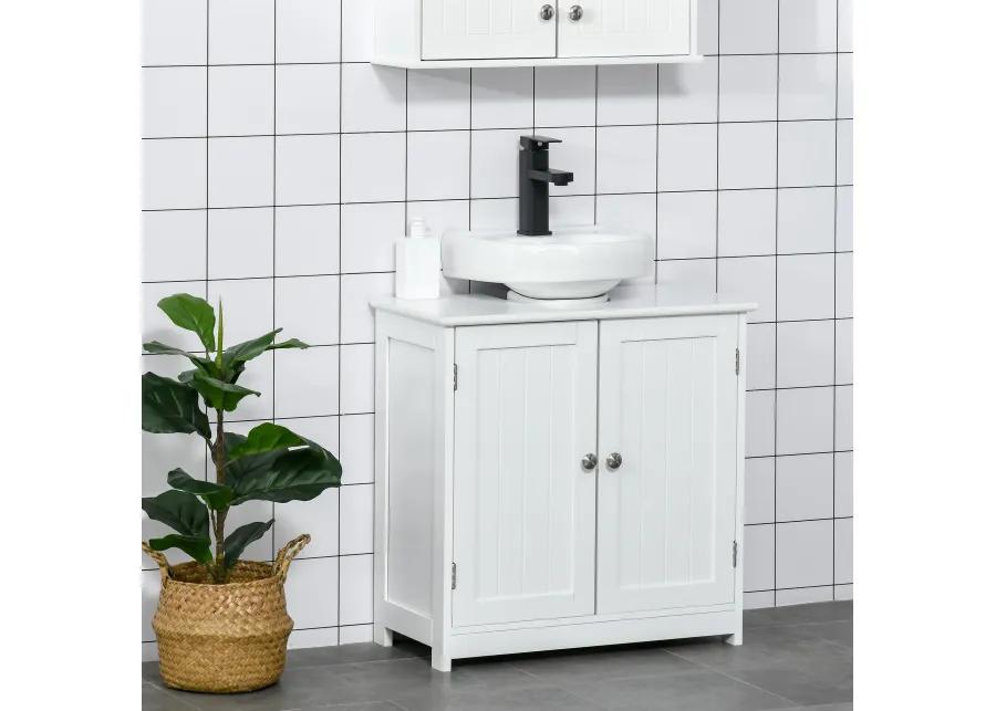 White Pedestal Sink Cabinet: U-Shape Cut-Out, Adjustable Shelf