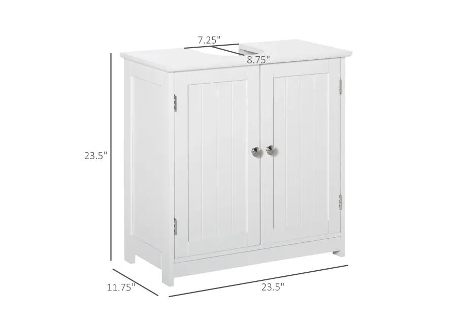 White Pedestal Sink Cabinet: U-Shape Cut-Out, Adjustable Shelf