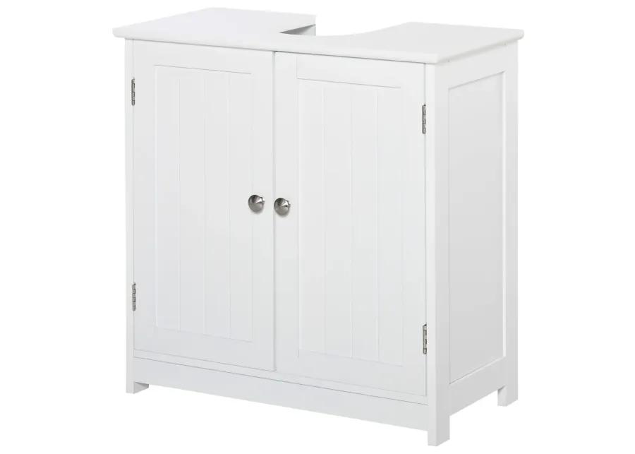 White Pedestal Sink Cabinet: U-Shape Cut-Out, Adjustable Shelf