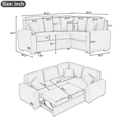 87.4" Sleeper sofa with USB and plug outlet, L-shape chaise, black