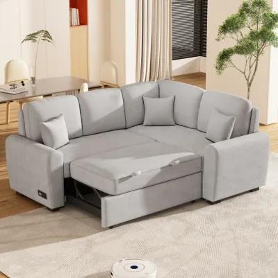 87.4" Sleeper sofa with USB and plug outlet, L-shape chaise, black