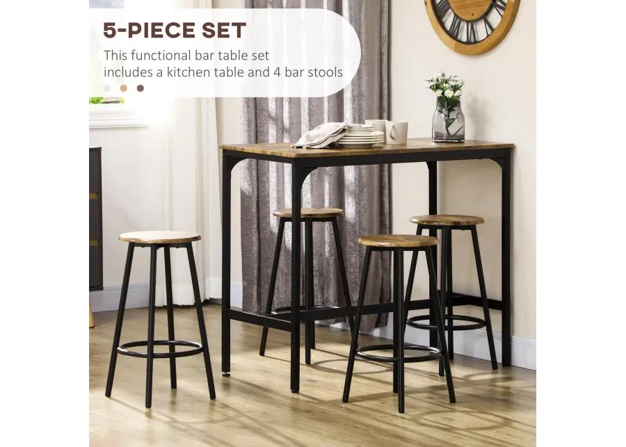 Pub-Style Eating Set: 5-Piece Industrial Bar Table with Metal Stools