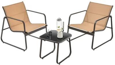 3 Pieces Patio Conversation Set with Breathable Fabric and Tabletop-Brown