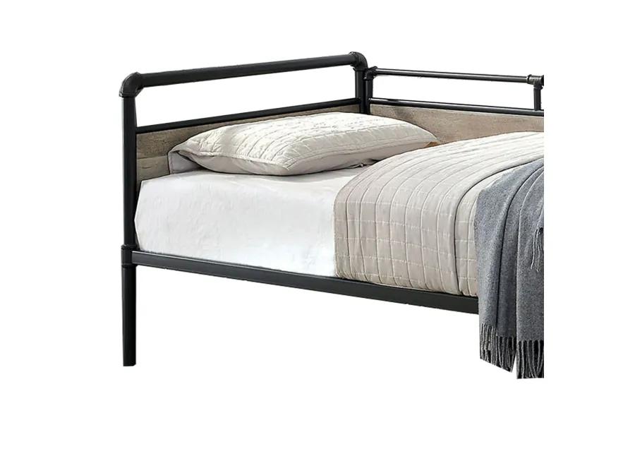 Industrial Pipe Design Metal Daybed with Wooden Panels, Black-Benzara