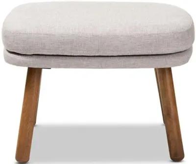 Greyish Beige Fabric Upholstered Walnut Brown Finished Wood Ottoman