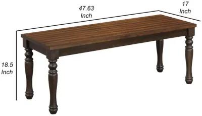 May 48 Inch Two Tone Dining Bench, Turned Legs, Rich Brown Wood Finish - Benzara