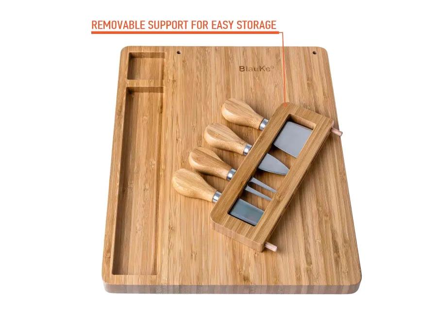 Bamboo Cheese Board and Knife Set - 14x11 inch Charcuterie Board with 4 Cheese Knives - Wood Serving Tray