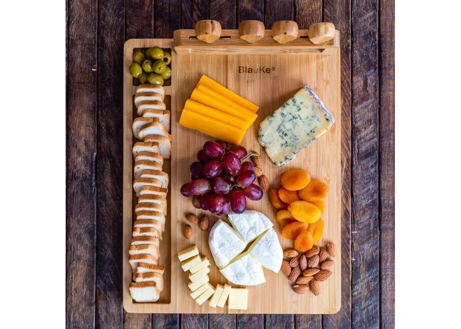 Bamboo Cheese Board and Knife Set - 14x11 inch Charcuterie Board with 4 Cheese Knives - Wood Serving Tray