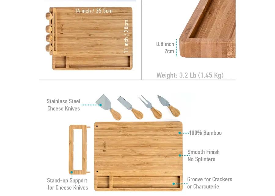 Bamboo Cheese Board and Knife Set - 14x11 inch Charcuterie Board with 4 Cheese Knives - Wood Serving Tray