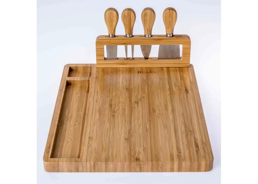 Bamboo Cheese Board and Knife Set - 14x11 inch Charcuterie Board with 4 Cheese Knives - Wood Serving Tray