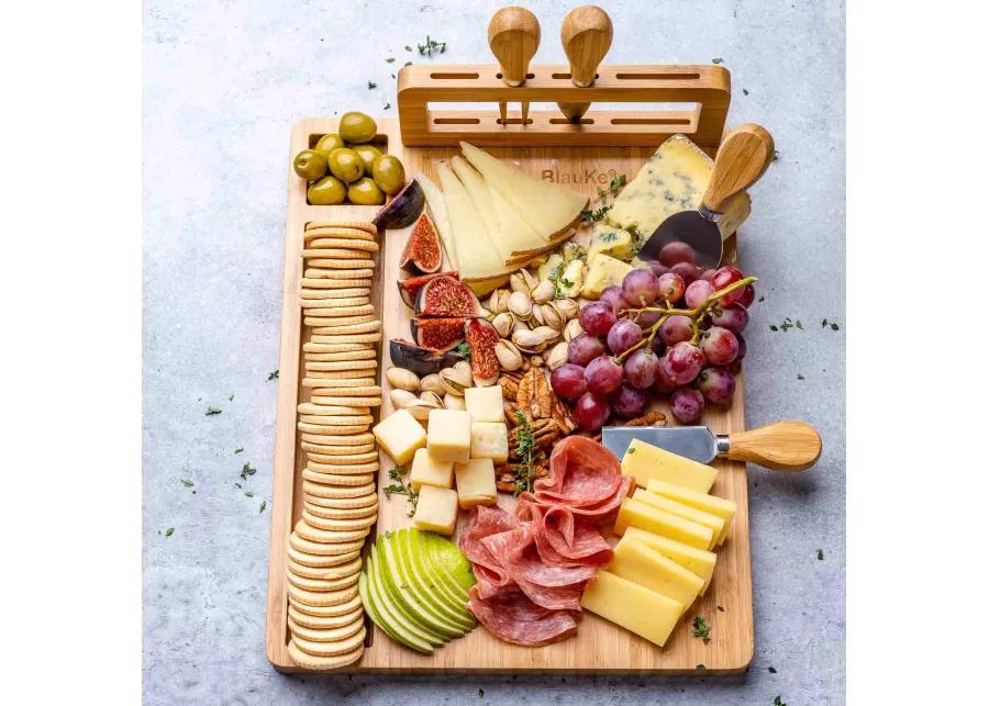 Bamboo Cheese Board and Knife Set - 14x11 inch Charcuterie Board with 4 Cheese Knives - Wood Serving Tray