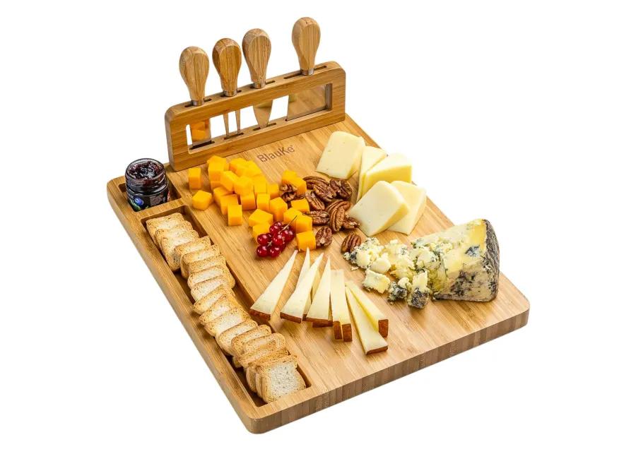 Bamboo Cheese Board and Knife Set - 14x11 inch Charcuterie Board with 4 Cheese Knives - Wood Serving Tray