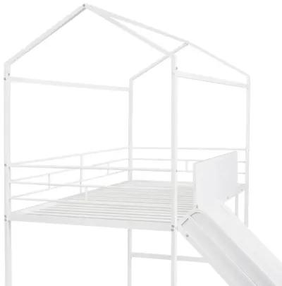 Metal House Bed With Slide, Twin Size Metal Loft Bed With Two-Sided Writable Wooden Board