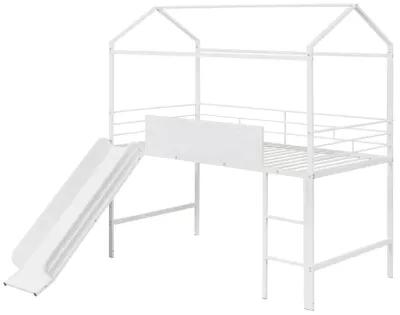 Metal House Bed With Slide, Twin Size Metal Loft Bed With Two-Sided Writable Wooden Board