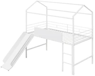 Metal House Bed With Slide, Twin Size Metal Loft Bed With Two-Sided Writable Wooden Board