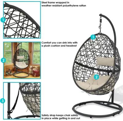 Sunnydaze Resin Wicker Hanging Egg Chair with Steel Stand/Cushions