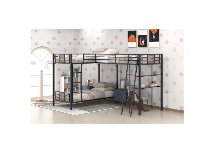 L-Shaped Twin Over Twin Bunk Bed With Twin Size Loft Bed With Desk And Shelf, Brown