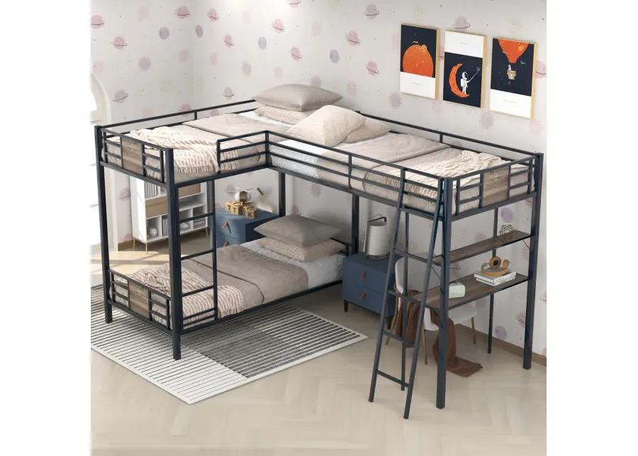 L-Shaped Twin Over Twin Bunk Bed With Twin Size Loft Bed With Desk And Shelf, Brown