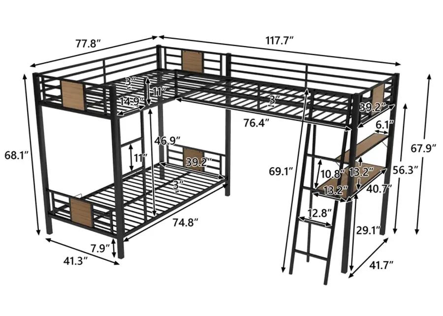 L-Shaped Twin Over Twin Bunk Bed With Twin Size Loft Bed With Desk And Shelf, Brown