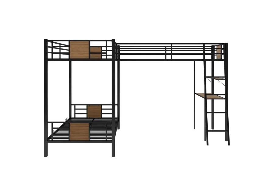 L-Shaped Twin Over Twin Bunk Bed With Twin Size Loft Bed With Desk And Shelf, Brown