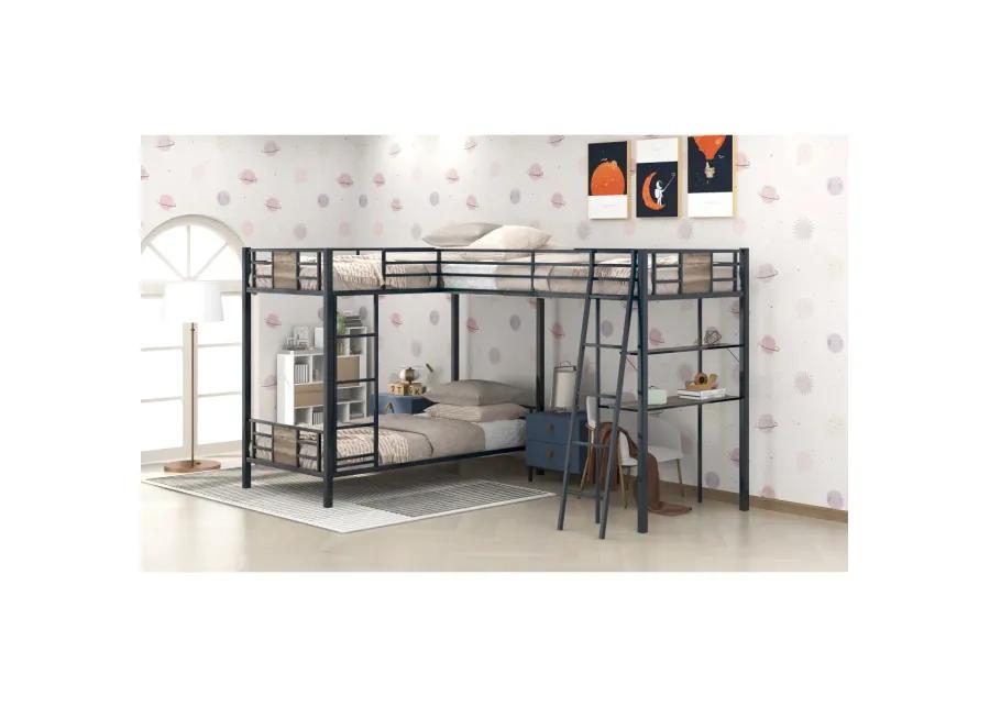 L-Shaped Twin Over Twin Bunk Bed With Twin Size Loft Bed With Desk And Shelf, Brown