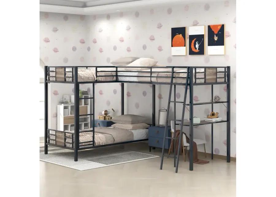 L-Shaped Twin Over Twin Bunk Bed With Twin Size Loft Bed With Desk And Shelf, Brown