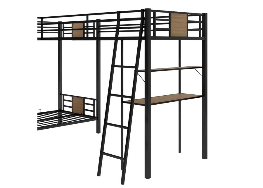 L-Shaped Twin Over Twin Bunk Bed With Twin Size Loft Bed With Desk And Shelf, Brown