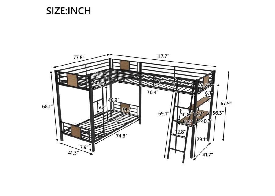 L-Shaped Twin Over Twin Bunk Bed With Twin Size Loft Bed With Desk And Shelf, Brown