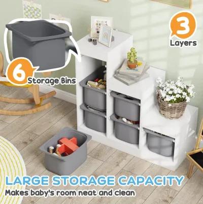 Qaba Kids Toy Storage Organizer w/ 3 Layers & 6 Storage Bins, Gray