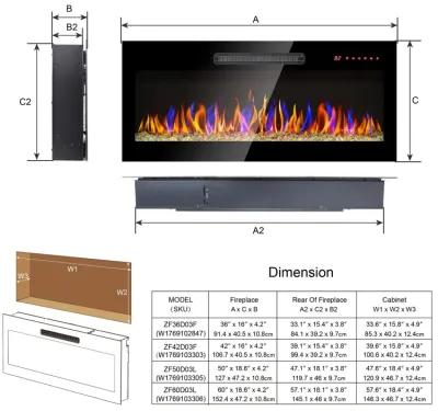 MONDAWE 60 Inch Recessed Ultra Thin Tempered Glass Front Wall Mounted Electric Fireplace With Remote And Multi Color Flame & Emberbed, LED Light Heater