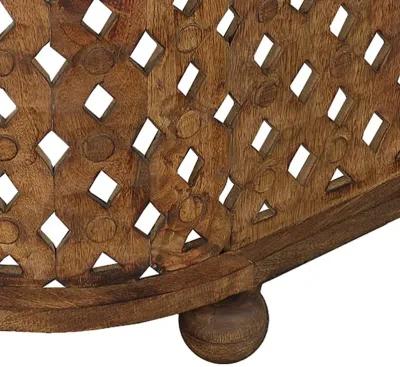 36 Inch Handcrafted Oval Coffee Table, Intricate Cutout Design, Antique Brown-Benzara