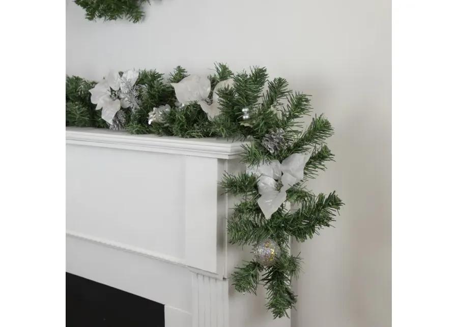 6' x 9" Silver Poinsettia and Pinecone Artificial Christmas Garland  Unlit