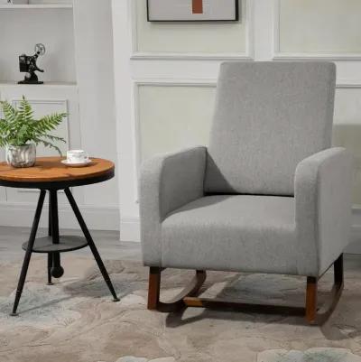 Gray Linen Lounger: Accent Rocking Chair with Solid Wood Base