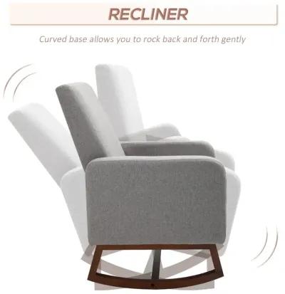 Gray Linen Lounger: Accent Rocking Chair with Solid Wood Base