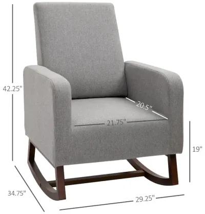 Gray Linen Lounger: Accent Rocking Chair with Solid Wood Base