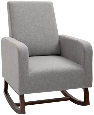 Gray Linen Lounger: Accent Rocking Chair with Solid Wood Base