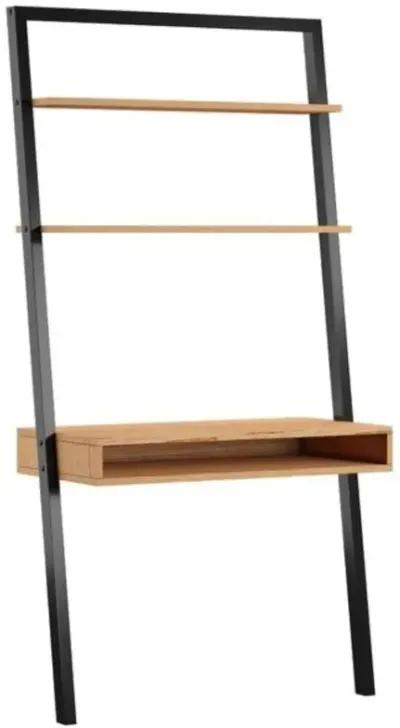 Farmhouse Rustic Oak Black Leaning Ladder Writing Desk 2 Shelves