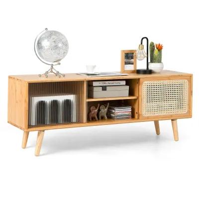 Modern TV Stand with Rattan Glass Sliding Doors-Natural