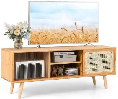 Modern TV Stand with Rattan Glass Sliding Doors-Natural