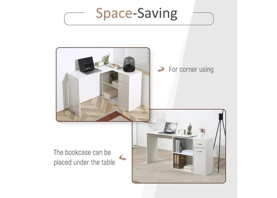 White Corner Workstation: L-Shaped Desk with Rotating Shelves & Drawer