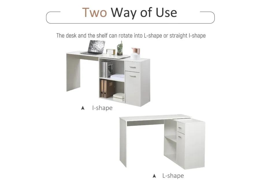 White Corner Workstation: L-Shaped Desk with Rotating Shelves & Drawer