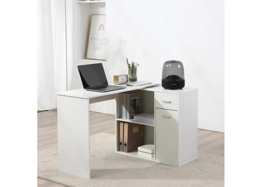 White Corner Workstation: L-Shaped Desk with Rotating Shelves & Drawer